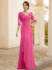 Sheath/Column V-Neck Chiffon Mother Of The Bride Dresses With Appliques Lace