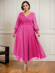A-line V-Neck Tea-Length Chiffon Mother of the Bride Dress With Pleated