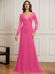 Sheath/Column V-Neck Detachable Sweep Train Lace Tulle Chiffon Mother of the Bride Dress With Sequins