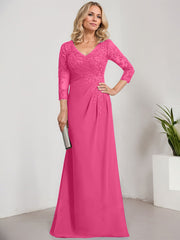 Sheath/Column V-Neck Illusion Floor-Length Lace Chiffon Mother of the Bride Dress With Pleated Sequins