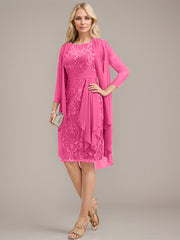 Sheath/Column Scoop Illusion Knee-Length Lace Chiffon Mother of the Bride Dress With Cascading Ruffles Sequins