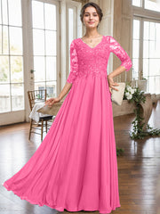 A-line V-Neck Floor-Length Lace Chiffon Mother of the Bride Dress With Sequins