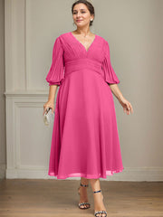A-line V-Neck Tea-Length Chiffon Mother of the Bride Dress With Pleated
