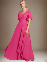 A-line V-Neck Floor-Length Lace Chiffon Mother of the Bride Dress With Cascading Ruffles Sequins