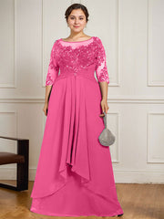 A-line Scoop Illusion Floor-Length Lace Chiffon Mother of the Bride Dress With Cascading Ruffles