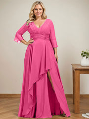 A-line V-Neck Floor-Length Chiffon Mother of the Bride Dress With Cascading Ruffles