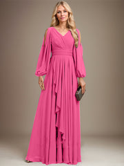 A-line Cold Shoulder V-Neck Floor-Length Chiffon Mother of the Bride Dress With Cascading Ruffles Beading