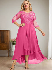 A-line Scoop Illusion Asymmetrical Lace Chiffon Mother of the Bride Dress With Cascading Ruffles