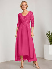 A-line V-Neck Asymmetrical Chiffon Lace Mother of the Bride Dress With Pleated Beading