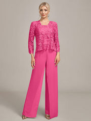 Silver Chiffon Pant and Lace Top Mother of The Bride Wide Pant Suits