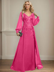 A-Line V-Neck Long Sleeves Floor-Length Chiffon Mother Of The Bride Dresses With Lace