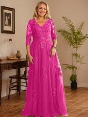 A-line V-Neck Floor-Length Tulle Lace Mother of the Bride Dress With Sequins