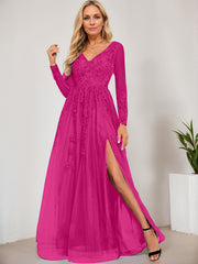 A-line V-Neck Floor-Length Tulle Prom Dresses With Sequins Appliques Lace Beading