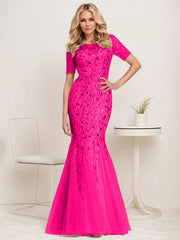 Floral Sequin Print Maxi Long Fishtail Tulle Mother Of The Bride Dresses