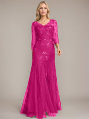Trumpet/Mermaid Illusion V-Neck Floor-Length Tulle Sequin Lace Mother of the Bride Dress