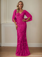 Sheath V-Neck Floor-Length Tulle Mother of the Bride Dress