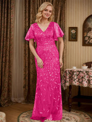 Sheath V-neck Short Sleeves Floor-Length Lace Mother of the Bride Dress