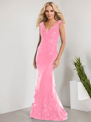 A-line V-Neck Floor-Length Lace Chiffon Mother of the Bride Dress With Applique Sequins Mermaid Dresses