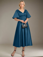 A-line V-Neck Tea-Length Satin Mother of the Bride Dress With Beading