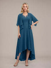 A-line V-Neck Asymmetrical Chiffon Mother of the Bride Dress With Beading Sequins