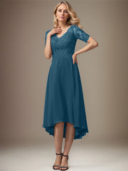 A-line V-Neck Asymmetrical Lace Chiffon Mother of the Bride Dress With Sequins