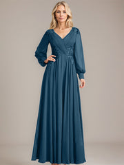 A-line V-Neck Floor-Length Chiffon Mother of the Bride Dress With Sequins Appliques Lace Pleated