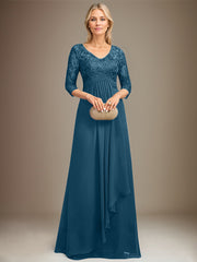 Empire V-Neck Floor-Length Lace Chiffon Mother of the Bride Dress With Cascading Ruffles Sequins