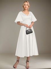 A-line V-Neck Tea-Length Satin Mother of the Bride Dress With Beading
