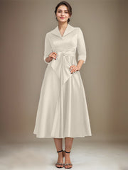 A-line V-Neck Collared Tea-Length Satin Mother of the Bride Dress
