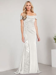 A-Line Off the Shoulder Floor-Length Chiffon Mother of the Bride Dress Applique Beadings Mermaid Dress With  High Split