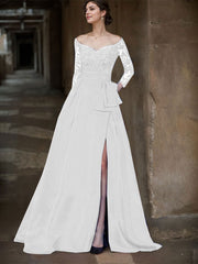 A-Line Off-The-Shoulder 3/4 Sleeves Sweep Train Lace/Satin Mother Of The Bride Dresses With Split Front