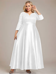 A-line V-Neck Ankle-Length Lace Satin Mother of the Bride Dress With Rhinestone