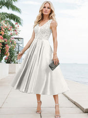 A-Line V-Neck Sleeveless Tea-Length Satin Mother Of The Bride Dresses With Lace