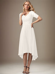 A-line V-Neck Asymmetrical Lace Chiffon Mother of the Bride Dress With Sequins