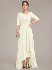 A-line Asymmetrical Asymmetrical Lace Chiffon Mother of the Bride Dress With Pleated Sequins