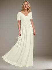 A-line V-Neck Floor-Length Chiffon Mother of the Bride Dress With Appliques Lace