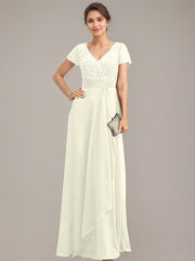 A-line V-Neck Floor-Length Chiffon Lace Mother of the Bride Dress With Beading Sequins Cascading Ruffles
