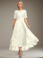 A-line Scoop Illusion Asymmetrical Lace Chiffon Mother of the Bride Dress