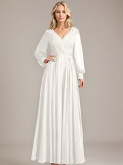 A-line V-Neck Floor-Length Chiffon Mother of the Bride Dress With Sequins Appliques Lace Pleated