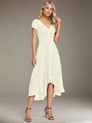 A-line V-Neck Asymmetrical Lace Chiffon Mother of the Bride Dress