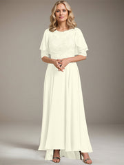 A-line Scoop Illusion Asymmetrical Chiffon Lace Mother of the Bride Dress With Beading