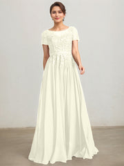 A-line Illusion Scoop Floor-Length Lace Chiffon Mother of the Bride Dress With Sequins