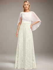 A-line Scoop Floor-Length Lace Sequin Chiffon Mother of the Bride Dress With Pleated