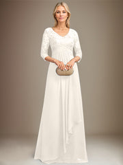 Empire V-Neck Floor-Length Lace Chiffon Mother of the Bride Dress With Cascading Ruffles Sequins