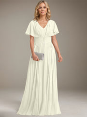A-line V-Neck Floor-Length Chiffon Mother of the Bride Dress With Crystal Brooch Pleated