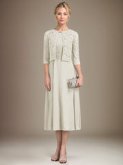 A-line Scoop Tea-Length Chiffon Mother of the Bride Dress With Pleated