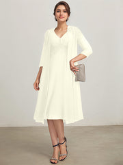 A-line V-Neck Knee-Length Chiffon Lace Mother of the Bride Dress With Pleated Beading Sequins