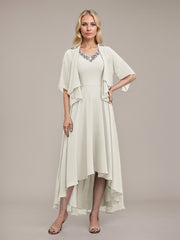 A-line V-Neck Asymmetrical Chiffon Mother of the Bride Dress With Beading Sequins