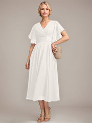 A-line V-Neck Tea-Length Chiffon Mother of the Bride Dress With Pleated Beading
