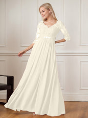A-Line Floor-Length V-Neck Lace Chiffon Mother of the Bride Dress